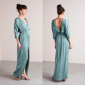 Unlined Cecilia Dusty Blue Satin Oversized Kimono Sleeve Maxi Dress XS Small